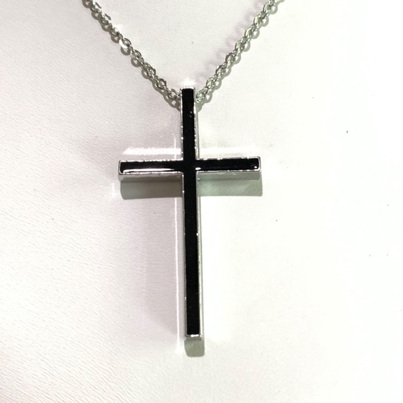 Black and Silver Tone Simple Cross Necklace, on  20”-22” chain. - Picture 8 of 12